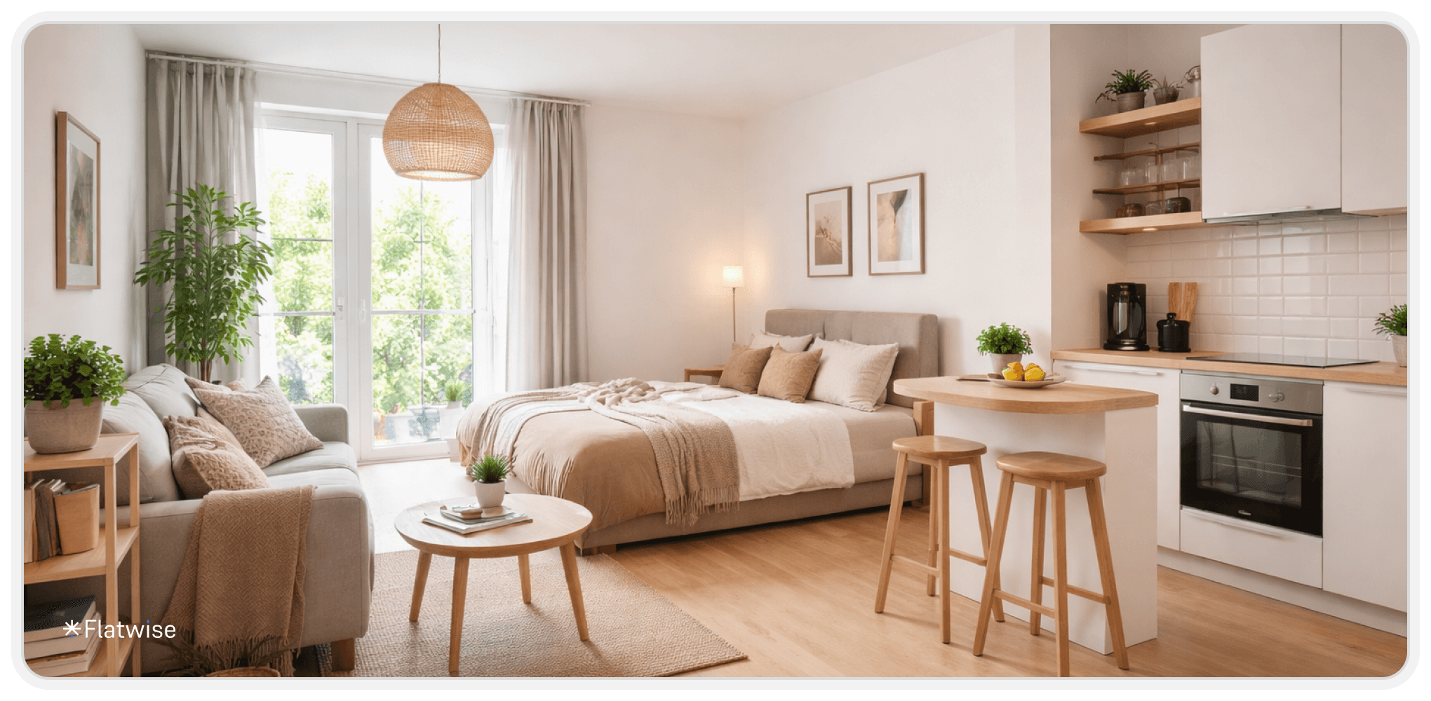 Helle moderne Garçonnière mit offenem Wohn- und Schlafbereich, kleiner Küche und großen Fenstern