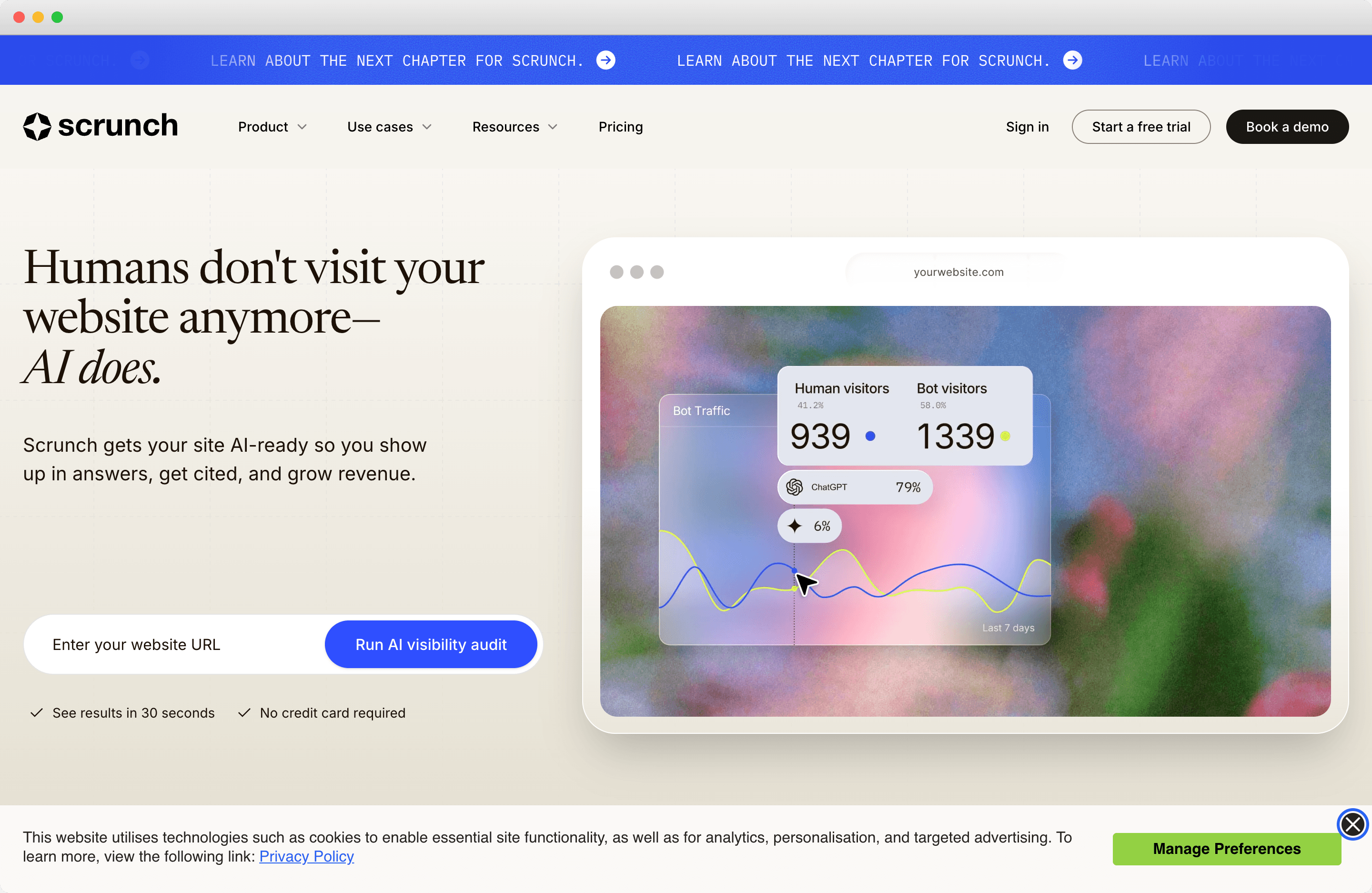 Scrunch pricing page showing the Core and Enterprise plans with their LLM coverage