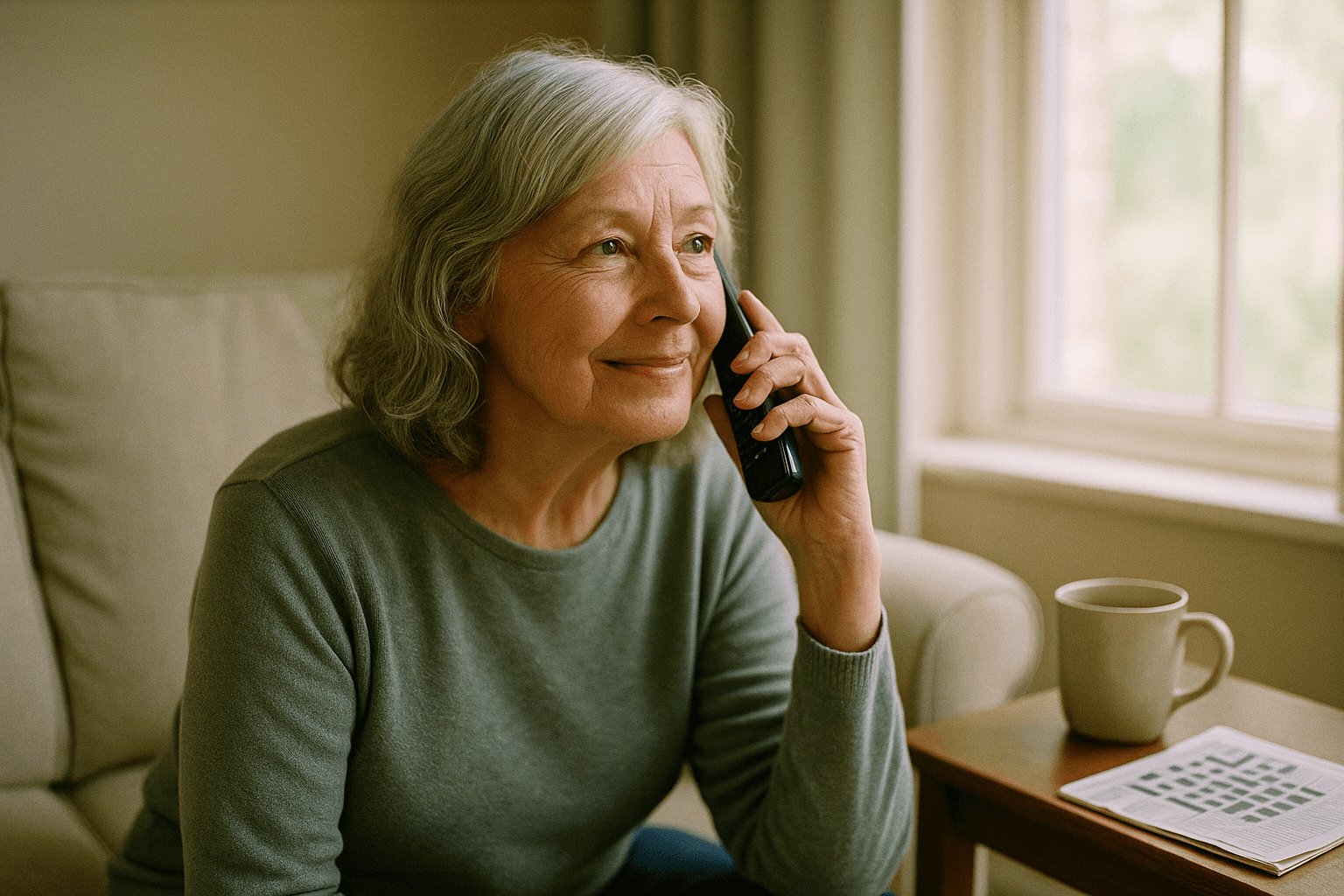 A silver haired woman smiles while talking on the phone in a bright, calm living room.