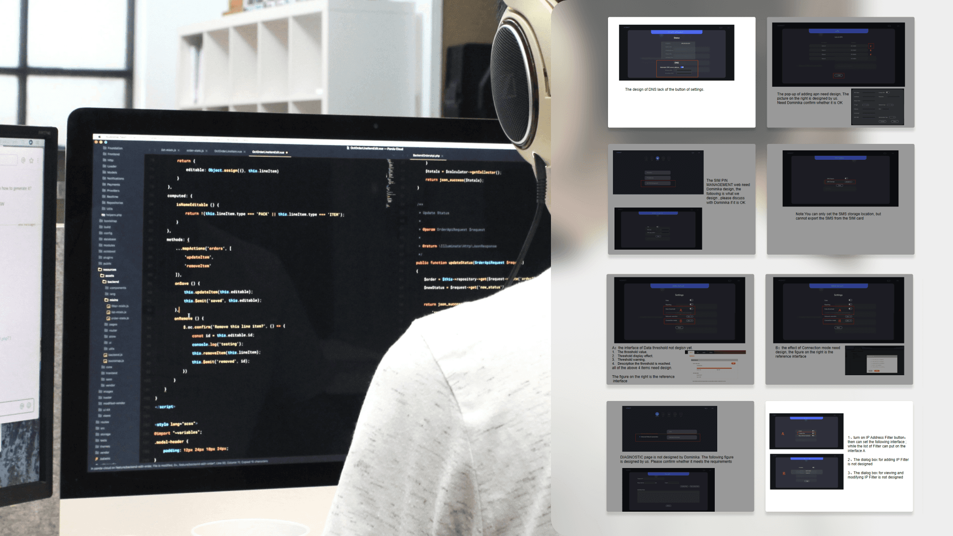man wearing headphones while using computer
