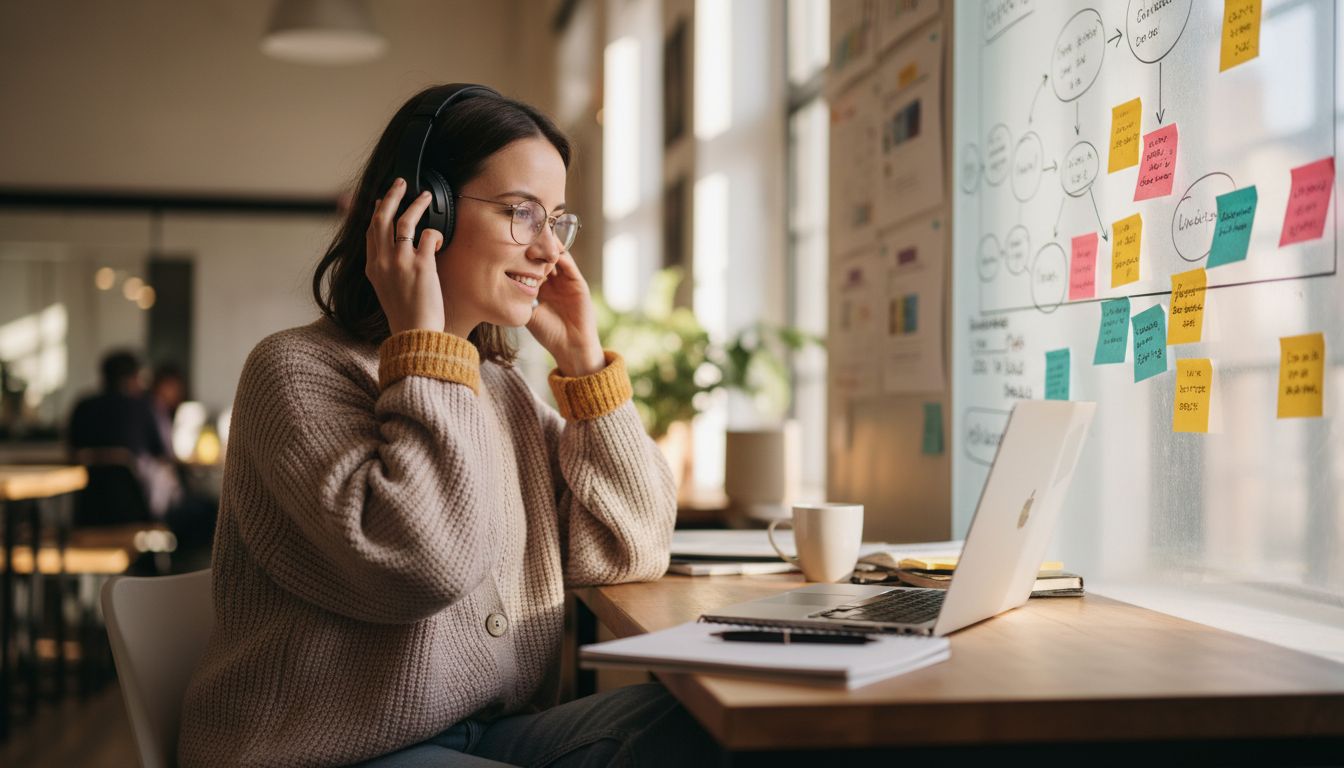 Woman using laptop for emotion tracking demo