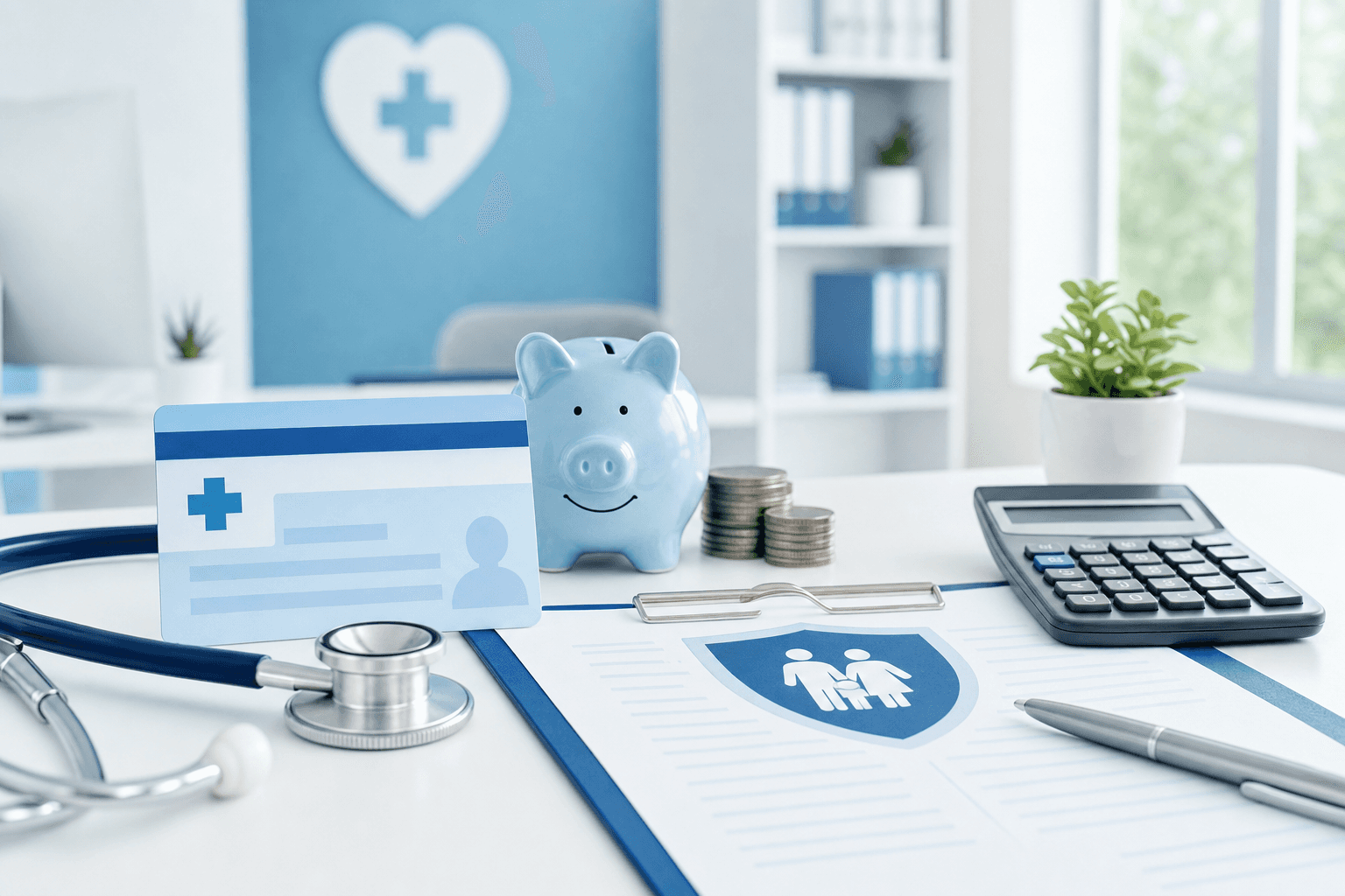 A clean, modern healthcare billing concept illustration showing insurance card and medical payment symbols, professional medical office aesthetic with soft blues and whites, organized desk workspace with insurance documents and coverage paperwork, calming and trustworthy atmosphere, minimalist healthcare financial planning visual