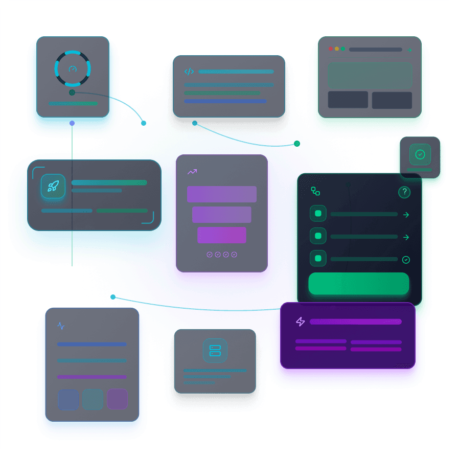 Abstrakte Grafik eines digitalen Webentwicklungs-Dashboards mit Code-Elementen, UI-Komponenten und Performance-Indikatoren – Symbolbild für technische E-Commerce-Entwicklung, Performance-Optimierung und User-Flow-Design der Inconis GmbH.