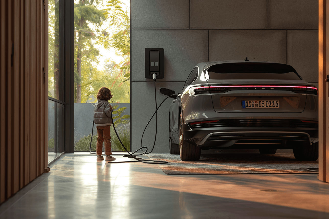 Children standing by the a car charging in an office