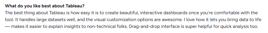 Tableau user feedback praising drag and drop dashboards for large datasets