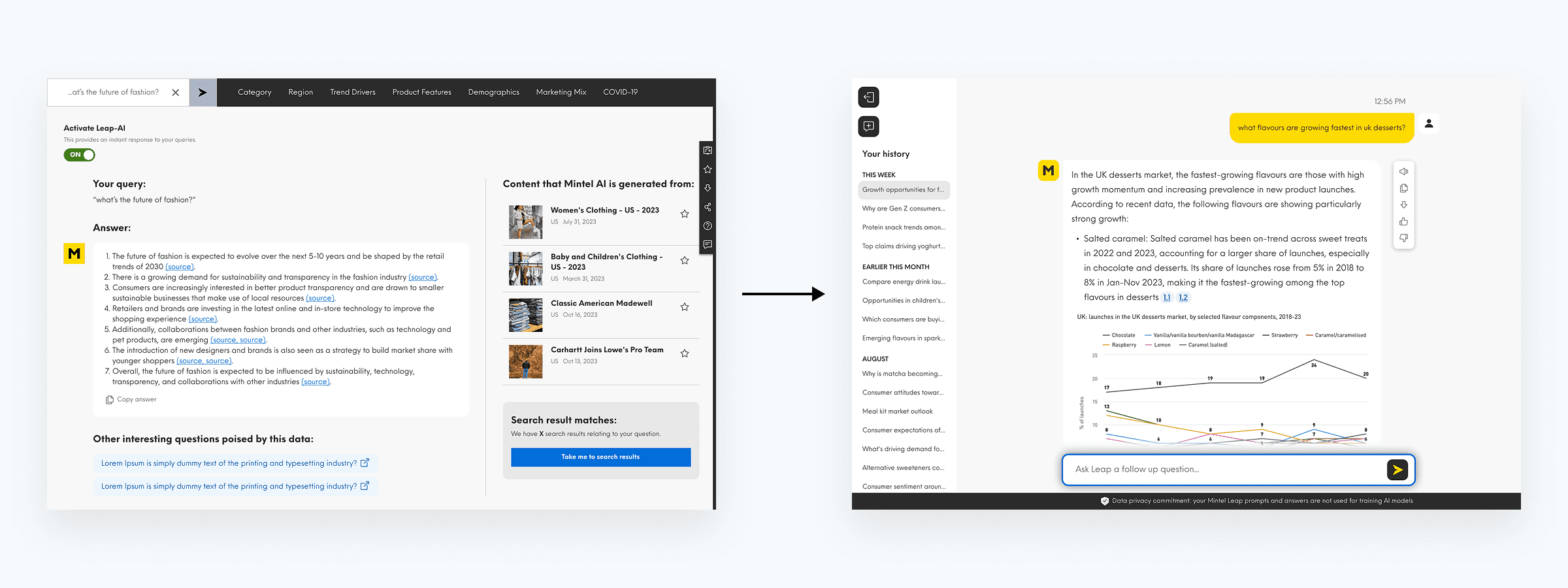 Before/after: The earlier answer experience pilot feature vs the updated, more structured layout.