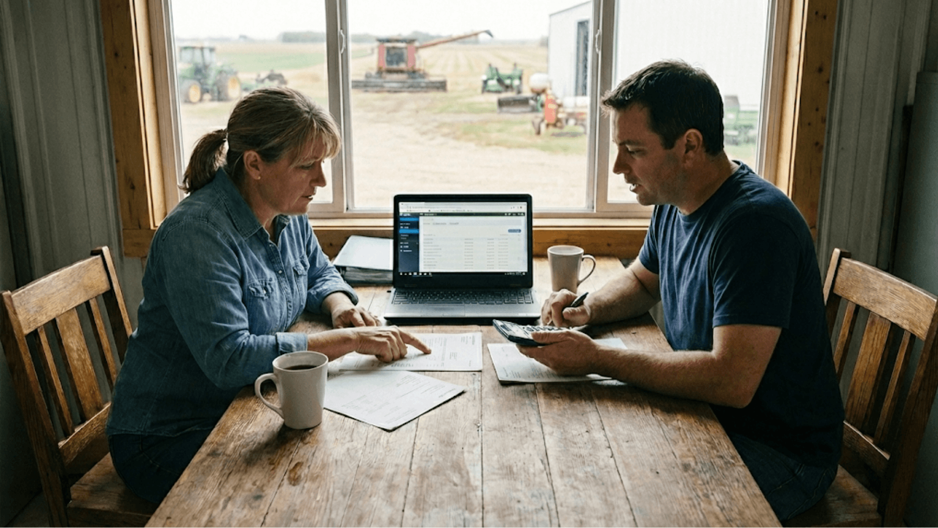 Produtor rural e contadora sentados à mesa analisando extratos e lançamentos financeiros, realizando conciliação bancária da fazenda com apoio de sistema de gestão rural no computador, garantindo controle de receitas, despesas e movimentações bancárias do agronegócio.