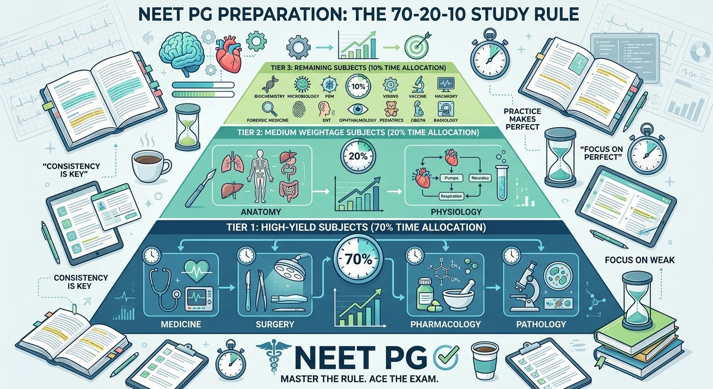 NEET PG 70-20-10 study time allocation rule showing optimal distribution across subject tiers