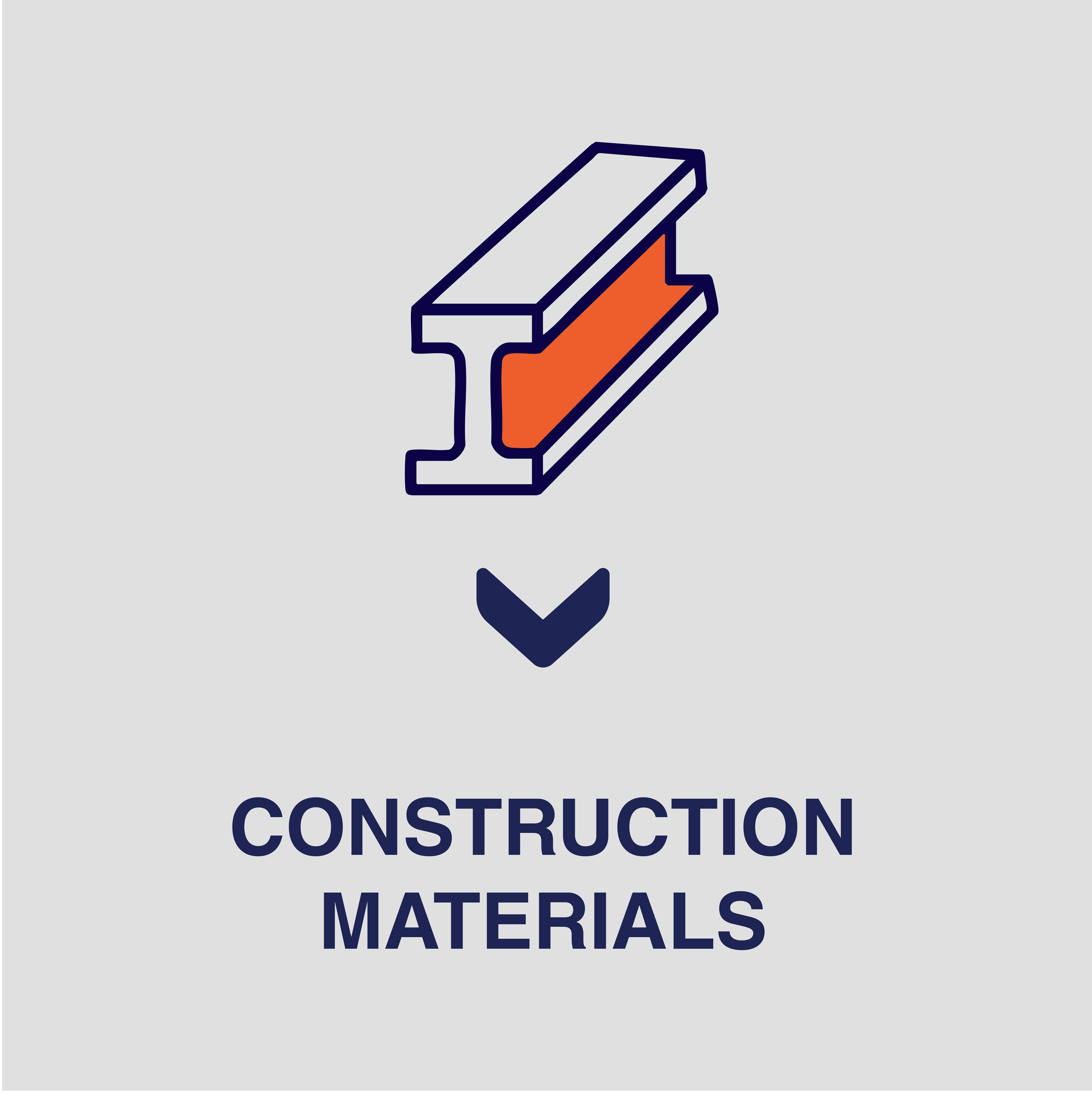 icon of a blue and orange steel beam on a white background with blue text that says construction materials