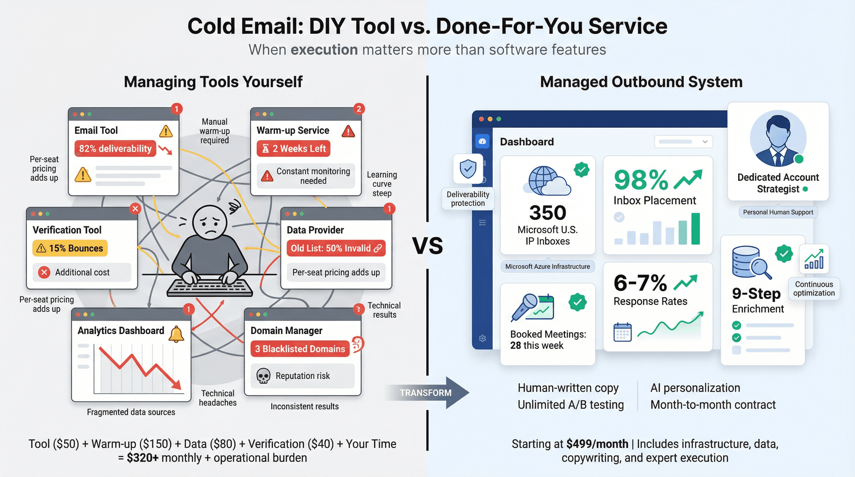 Professional done-for-you cold email service dashboard showing 350 Microsoft inboxes, 98% deliverability, and dedicated account strategist managing campaigns