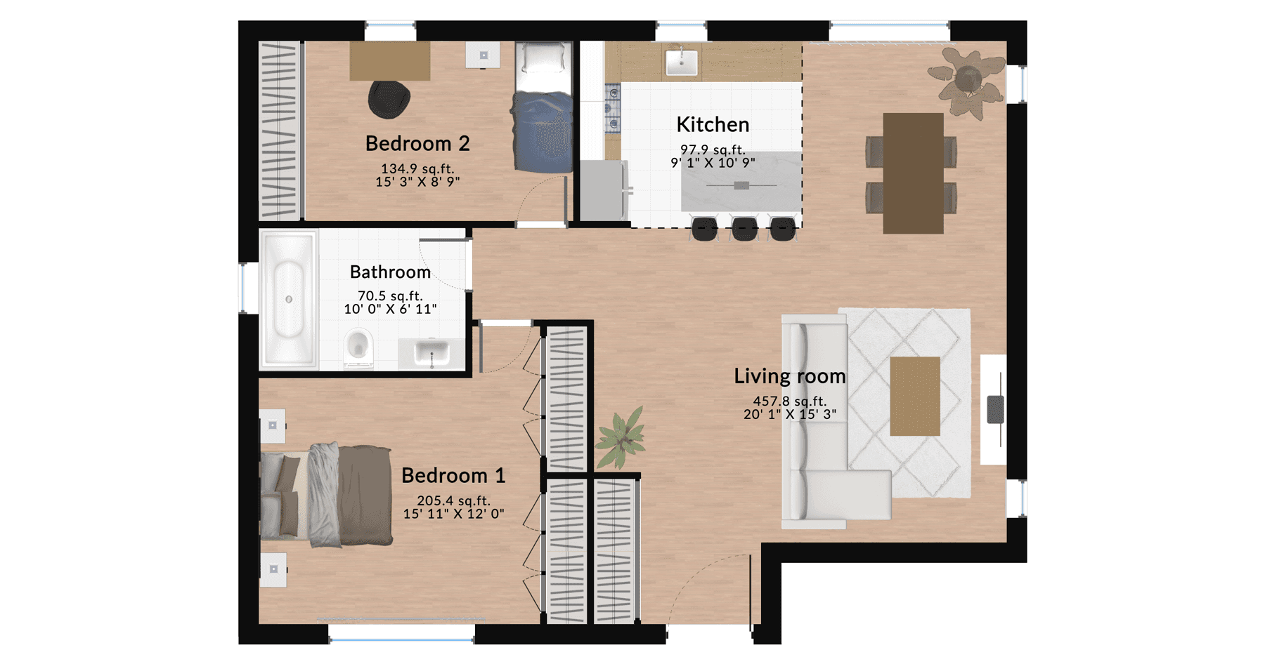 Fully furnished two-bedroom house layout with an open living area, contemporary kitchen with island, and cozy bedrooms.