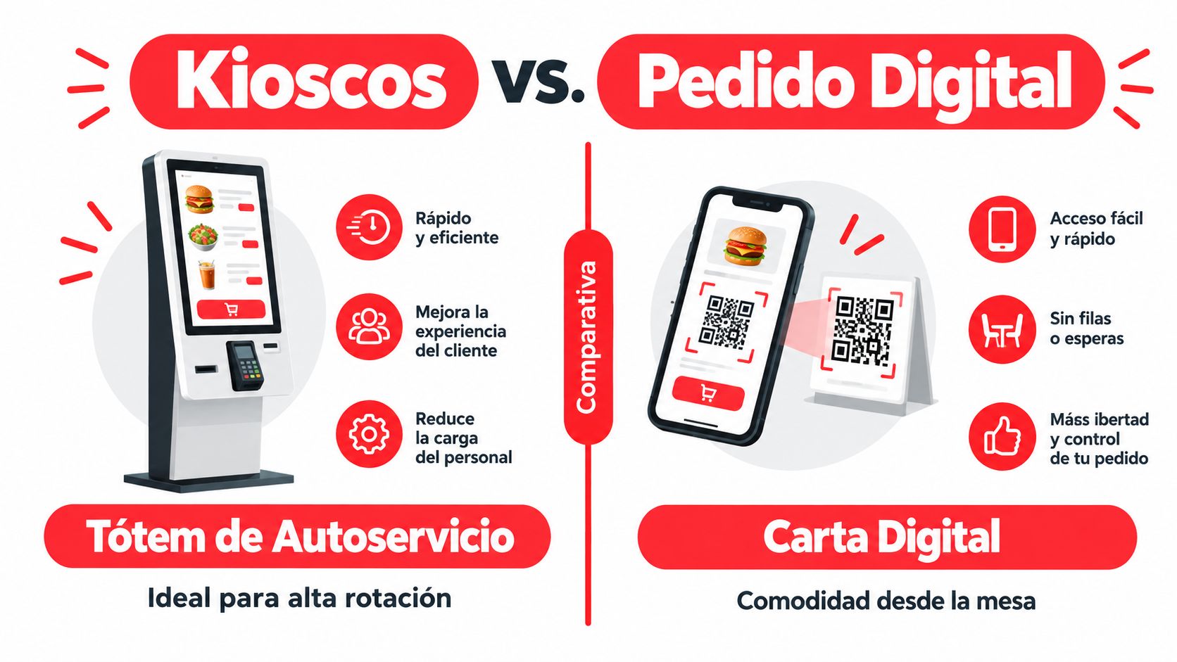Comparativa visual entre quioscos de autoservicio y sistemas de pedido digital mediante códigos QR para restaurantes.