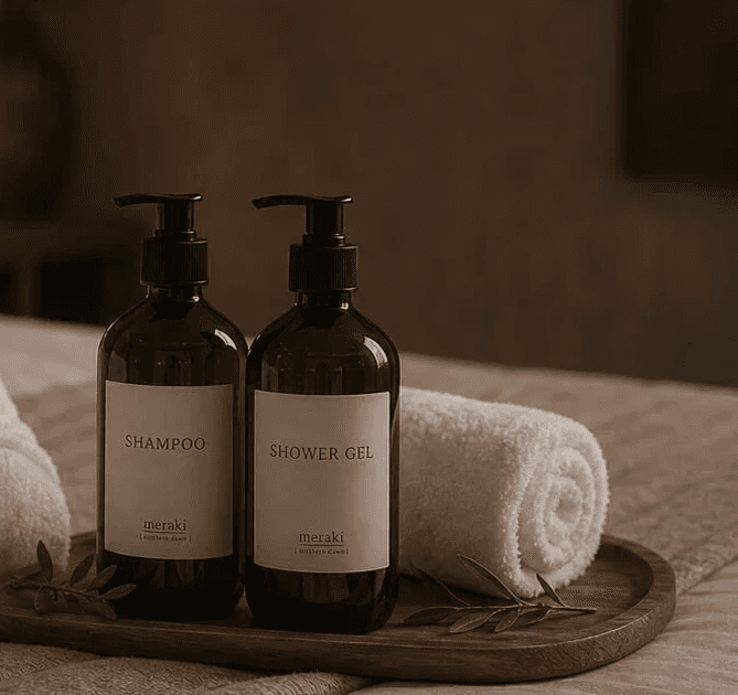 Shampoo and conditioner bottles with a rolled towel