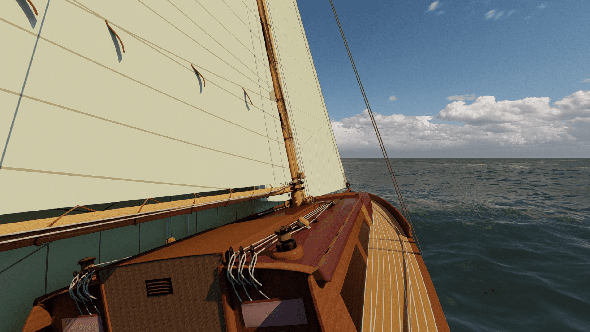 Traditional gaff-rigged wooden sloop designed by Ronan Ohier, combining timeless aesthetics with contemporary design elements.
