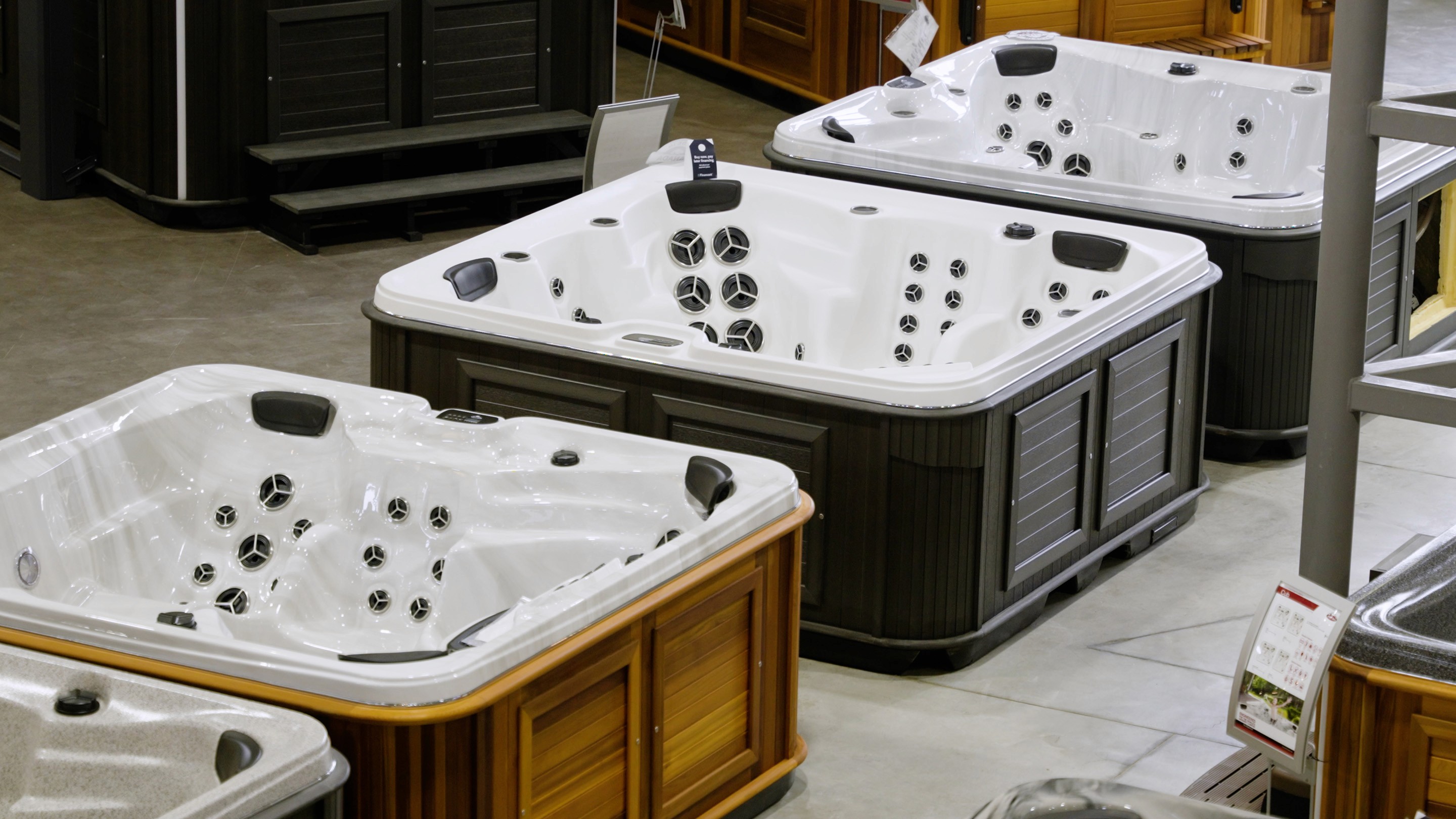 Hot tub models on a showroom floor
