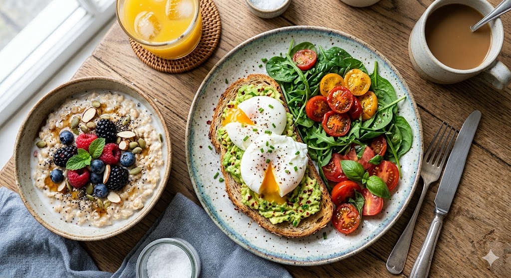 An overhead view of a healthy breakfast featuring two poached eggs on avocado toast, a side salad of tomatoes and spinach, and a bowl of oatmeal topped with blueberries, raspberries, almonds, and seeds.