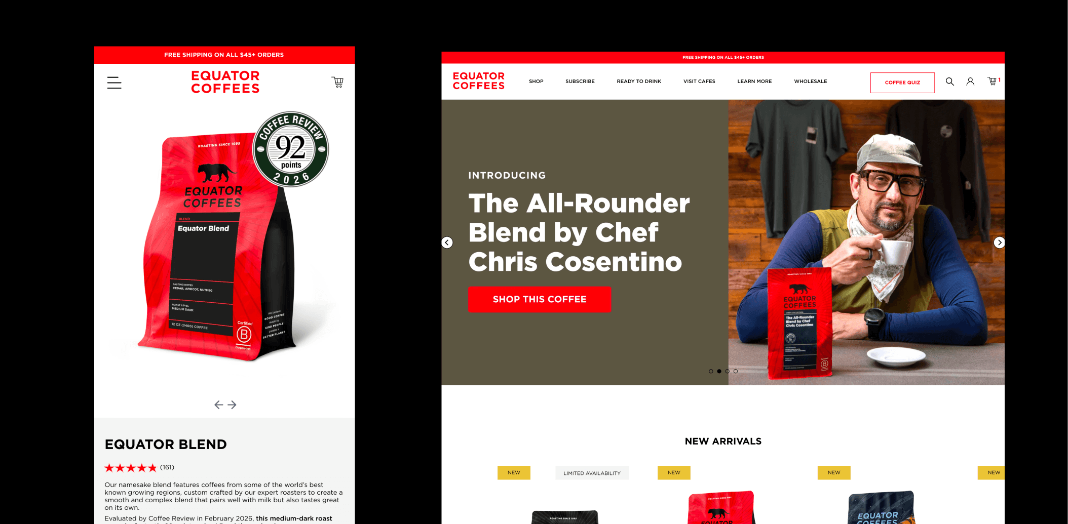 Shopify homepage for Equator Coffees highlighting featured coffee products and brand storytelling