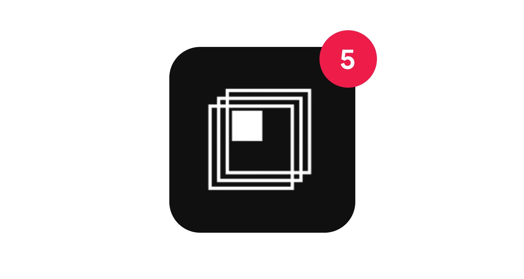 "Modern design agency logo with overlapping white geometric squares on a black background, featuring a red notification badge with the number 5, symbolizing creativity and forward-thinking solutions."