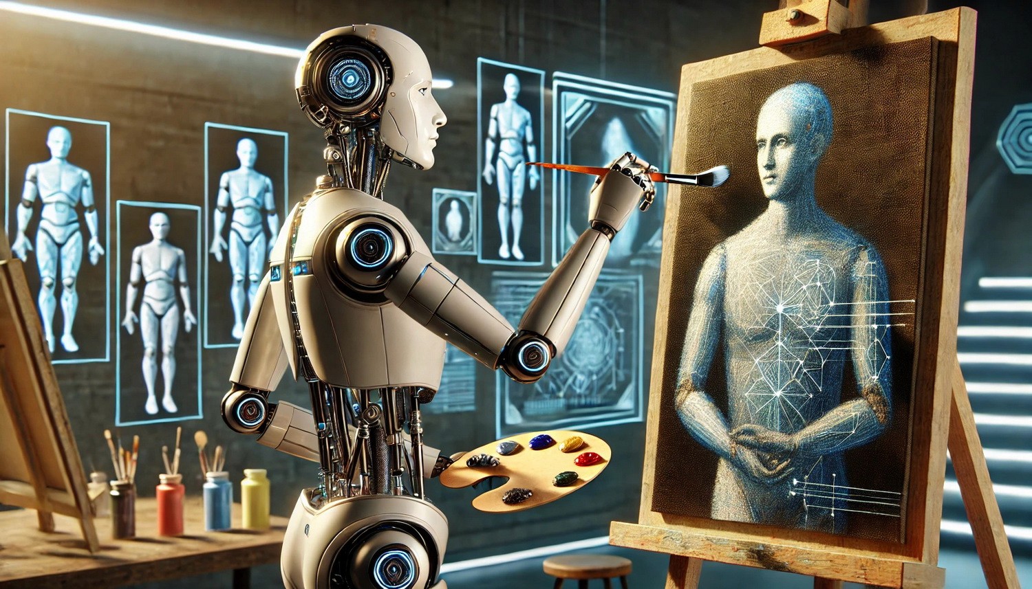 Robot painting a human with a paint brush