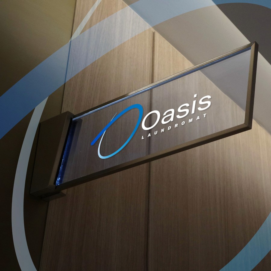 Bubbly brand identity for Oasis Laundromat featuring playful mascot and signage Community laundromat flyer and store visuals designed for Oasis Laundromat