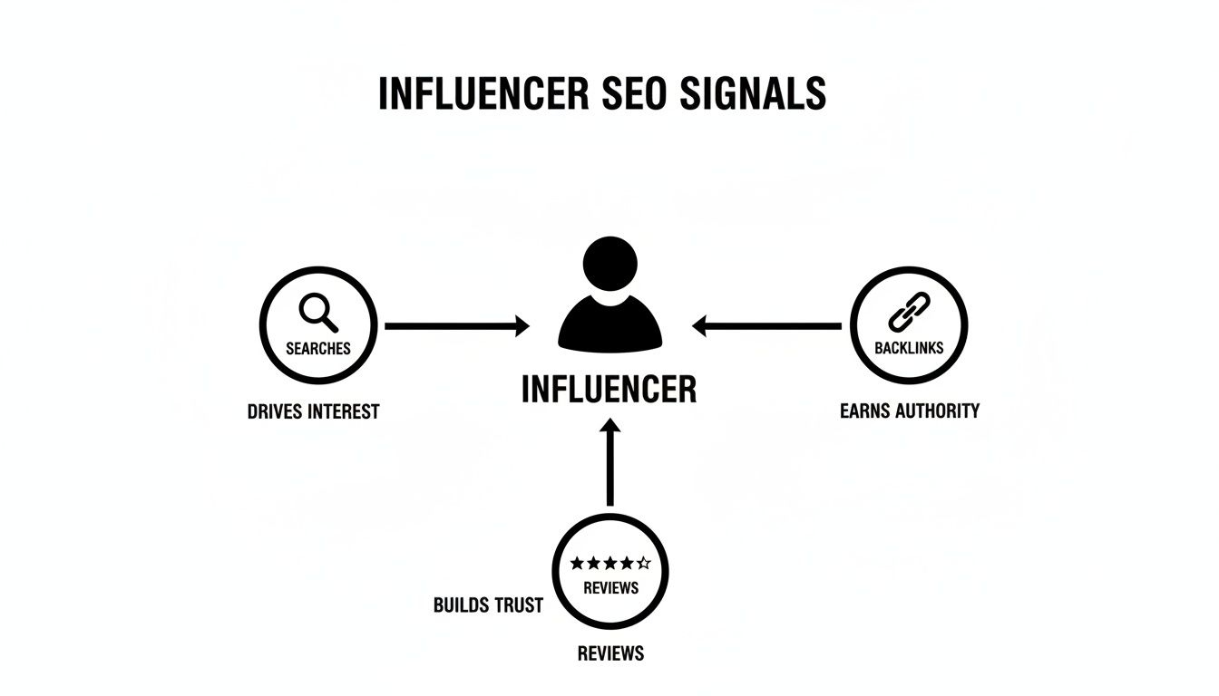 Diagram illustrating influencer SEO signals: searches drive interest, backlinks earn authority, and reviews build trust.