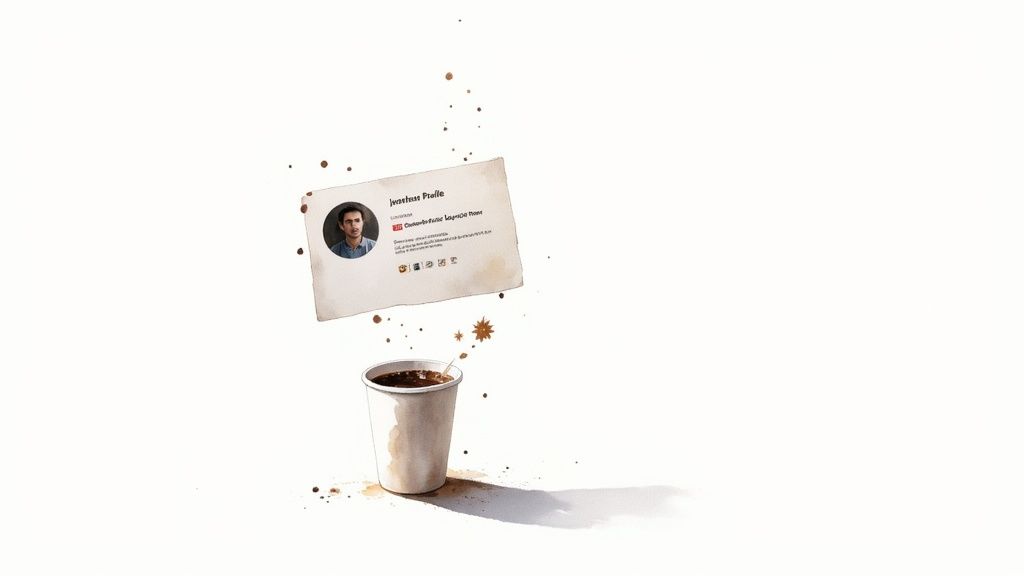 A watercolor illustration of a coffee cup with splashes and a floating business card with a floating business card with a man's profile.