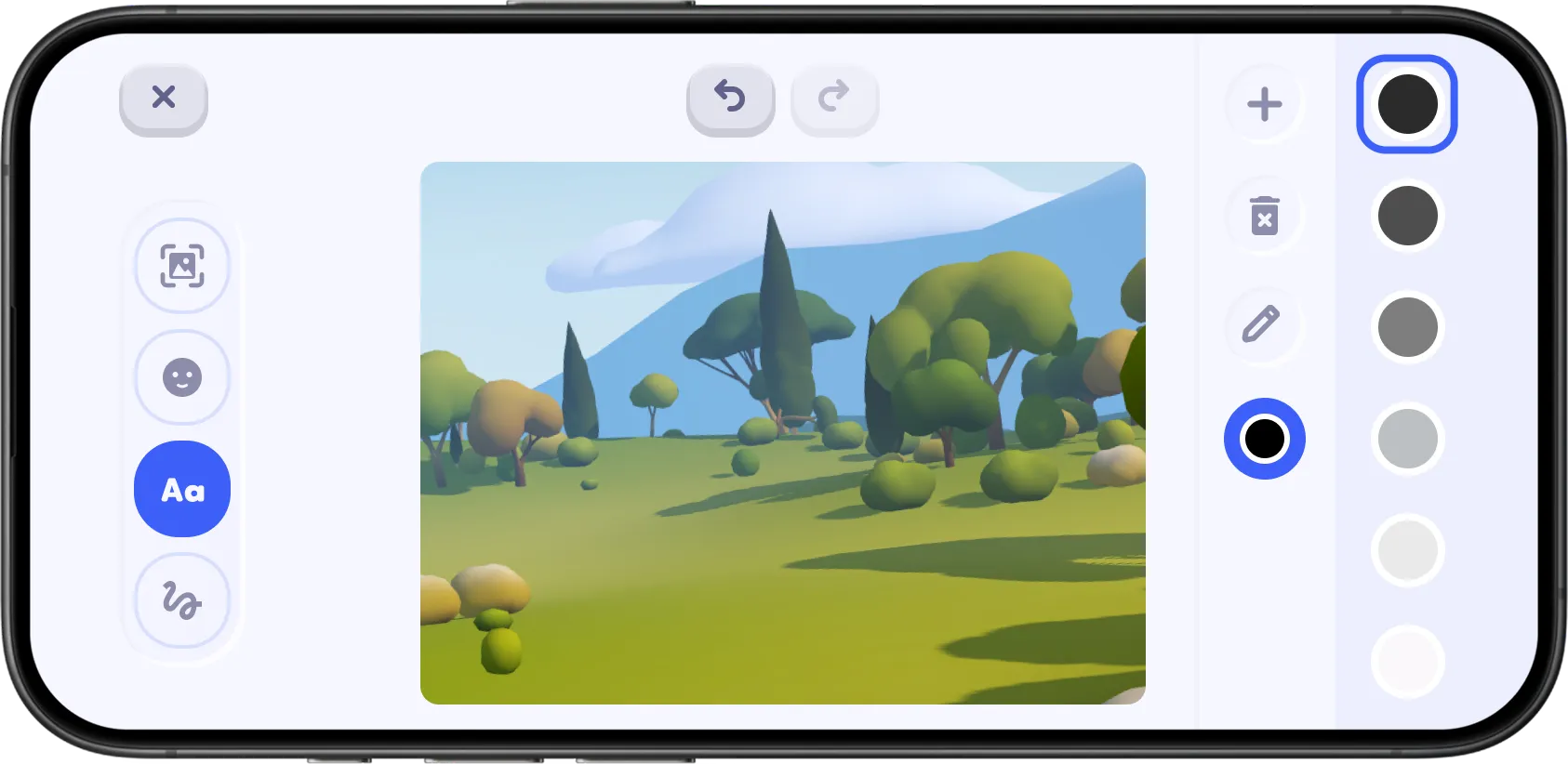 Chudo game preview editor showing a landscape thumbnail with tools for image, emoji, text, drawing, and color selection.