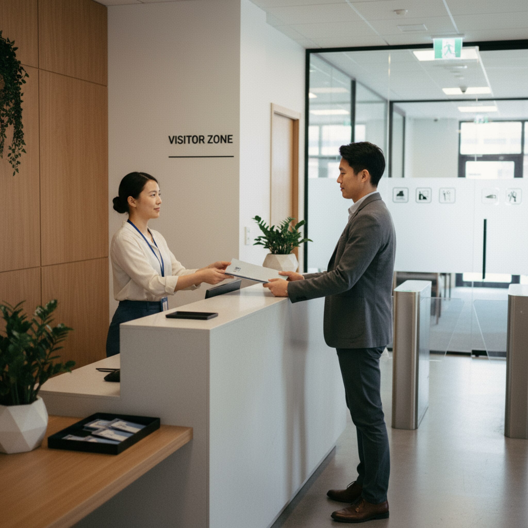 Am Empfang erläutert eine Mitarbeiterin einem Gast ruhig die Sicherheitsregeln und übergibt eine kompakte Informationsmappe. Ein schlichtes Schild zeigt die Besucherzone, dahinter öffnet sich ein heller Flur. Die Umgebung ist wertig, ordentlich und vermittelt Verlässlichkeit. Der Moment wirkt strukturiert und respektvoll.