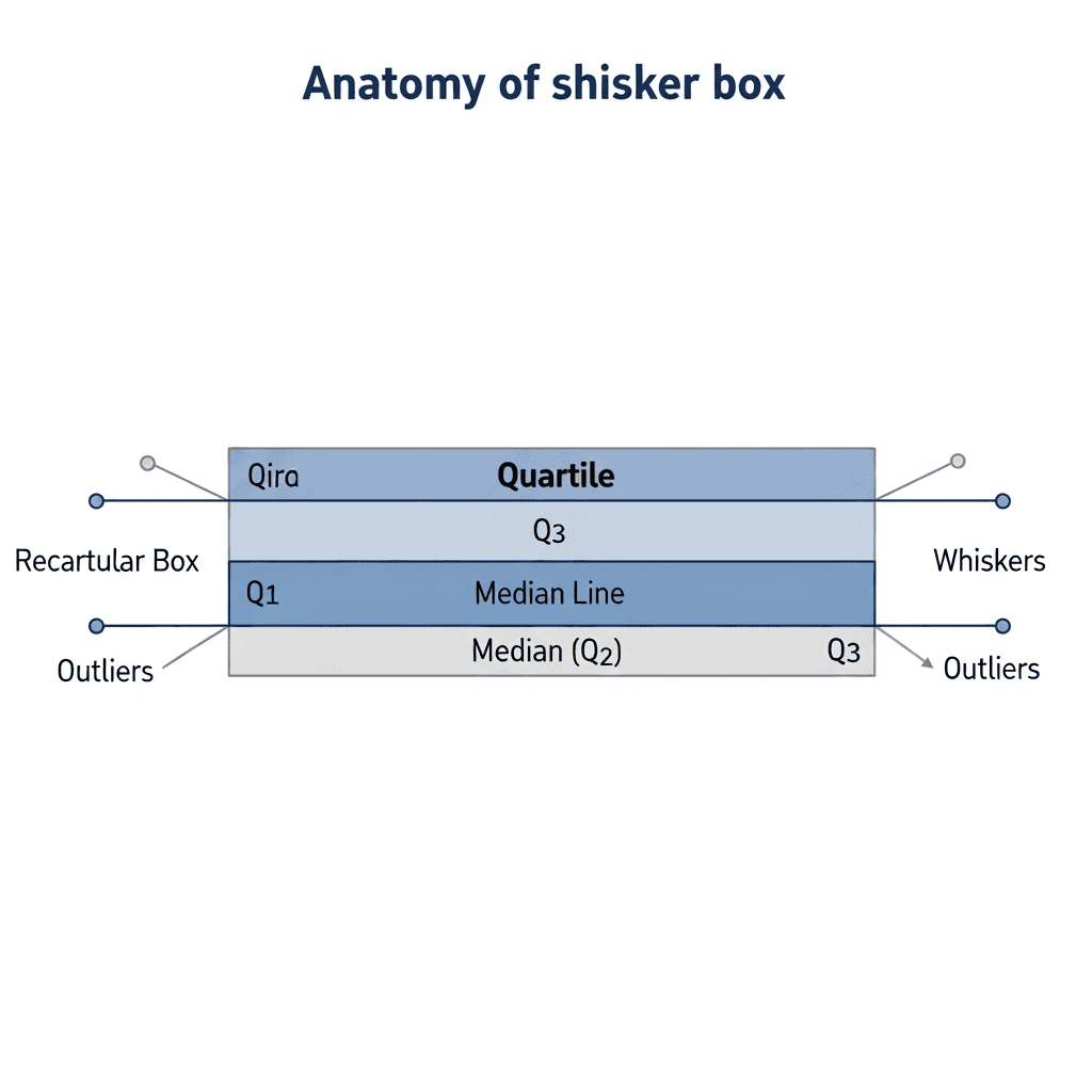 A clean, educational diagram showing the anatomy of a box and whisker plot with labeled components: a rectangular box with quartile sections, a median line through the middle, whiskers extending from both ends, and small circular dots beyond the whiskers representing outliers. Modern data visualization style with blue and gray tones, minimal background, technical illustration aesthetic.