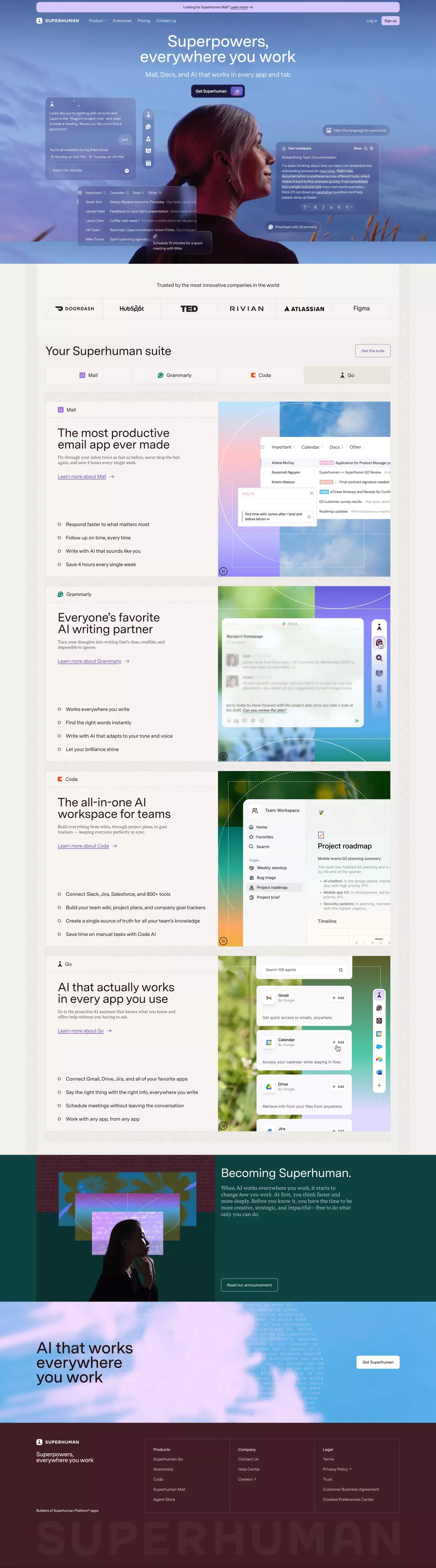 Superhuman: Mail, Docs, and AI That Work landing page screenshot showcasing AI and Tech design
