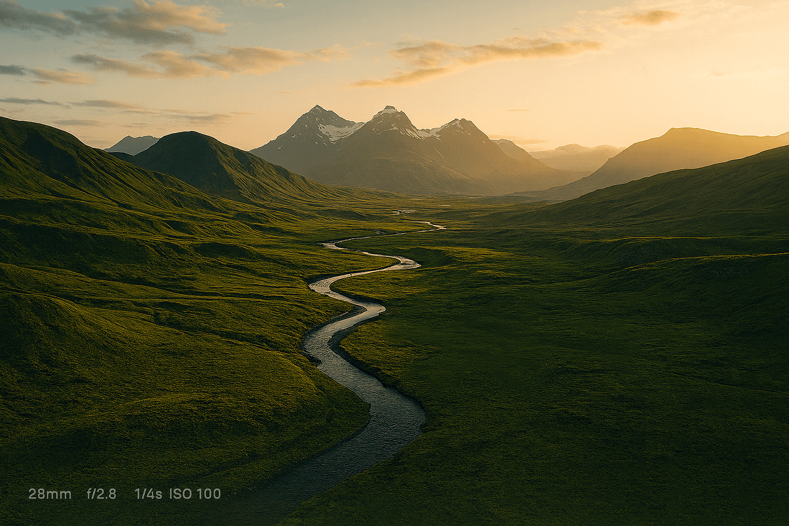 A winding river flows through a lush green valley surrounded by majestic mountains under a golden sunset, creating a serene and picturesque landscape.