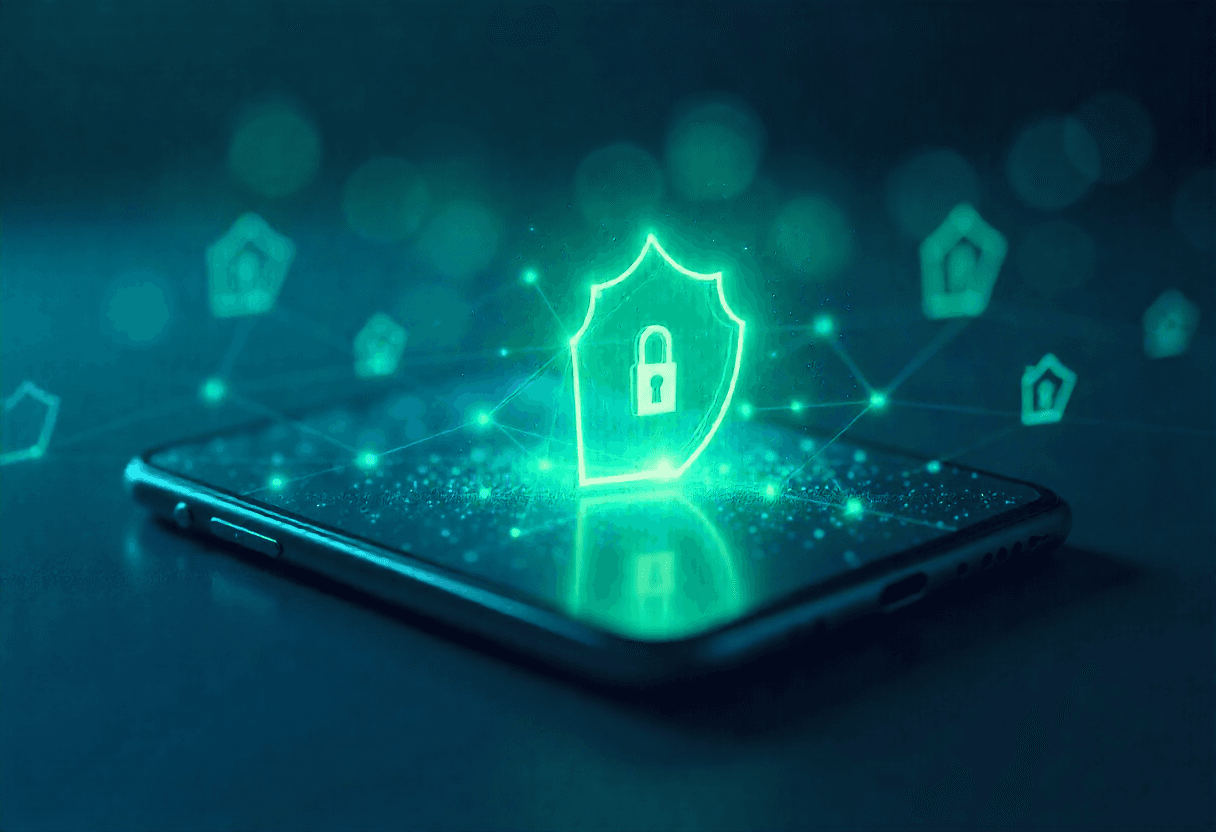 Person with hand in Phone which is secure from threats 