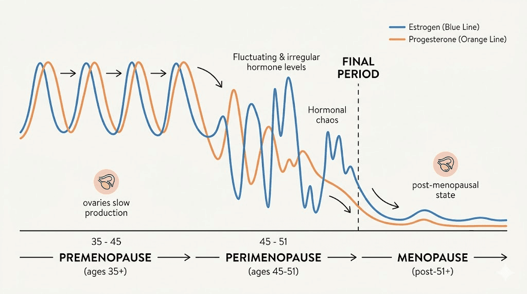 Perimenopause hormone timeline showing estrogen and progesterone decline
