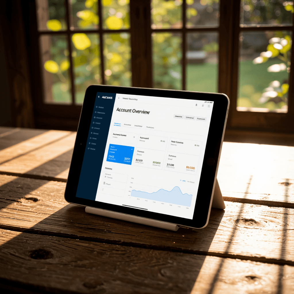 product photography of tablet screen displaying an account overview