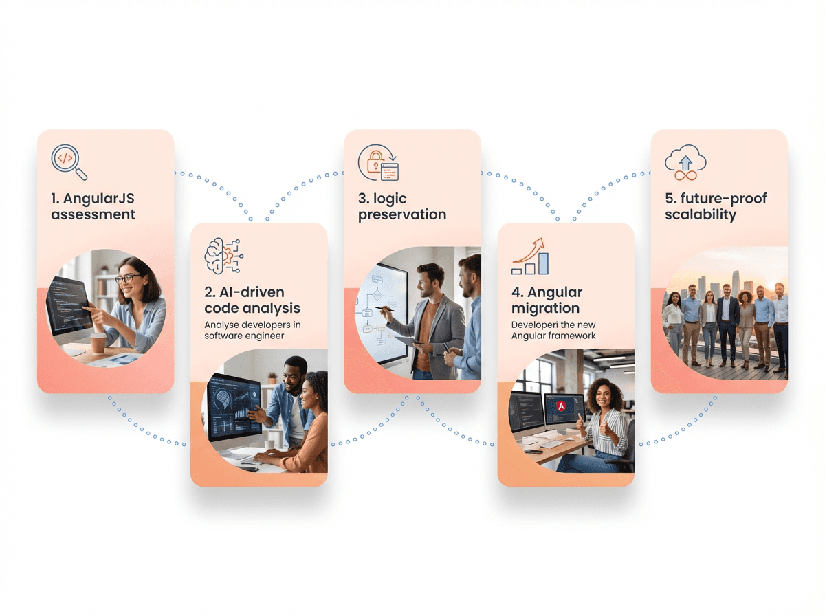 “Five-step AngularJS to Angular migration process showing assessment, AI-driven analysis, logic preservation, migration, and scalable architecture.”