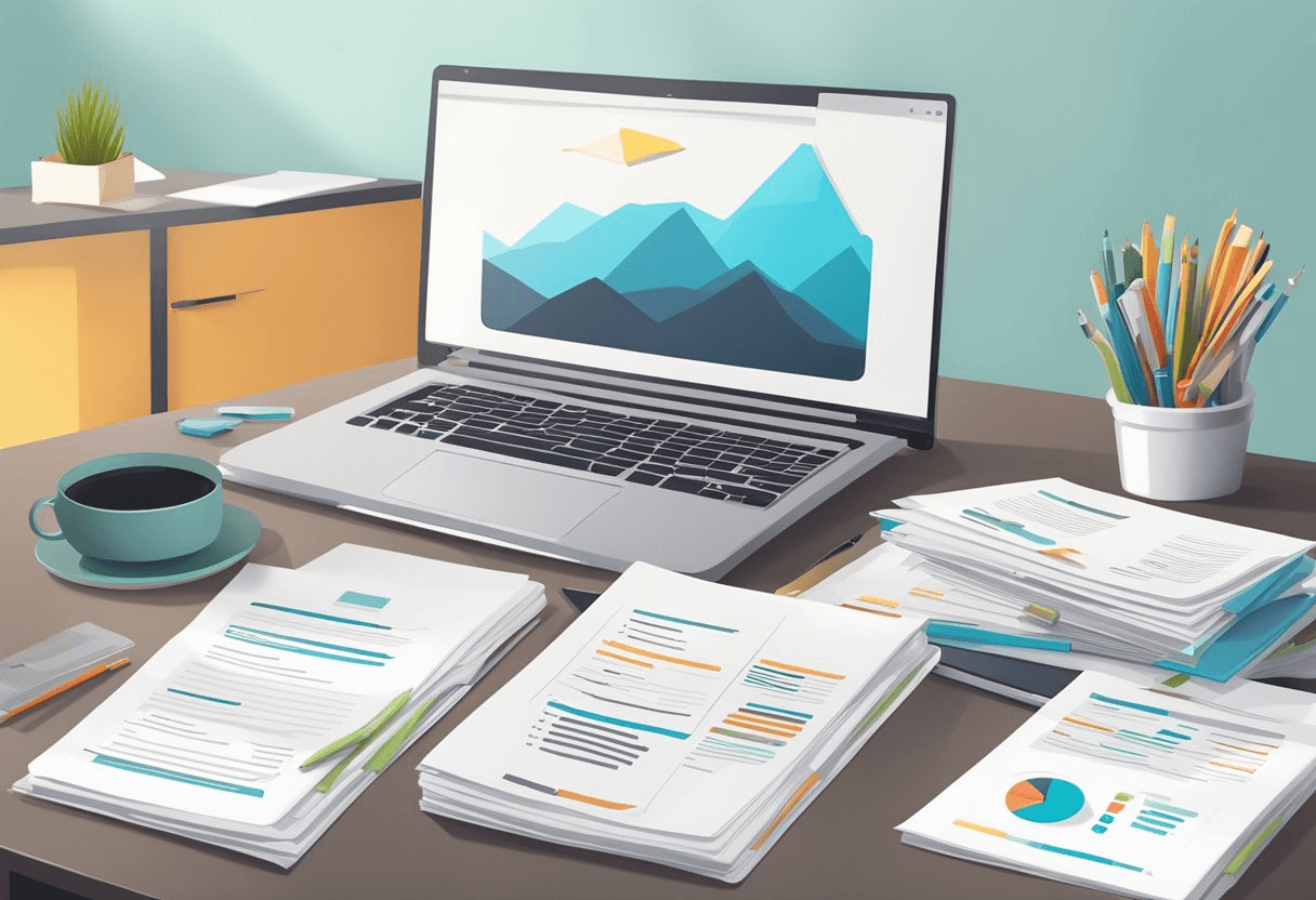 A desk cluttered with resumes, a laptop open to a CV template, and a stack of HR manuals