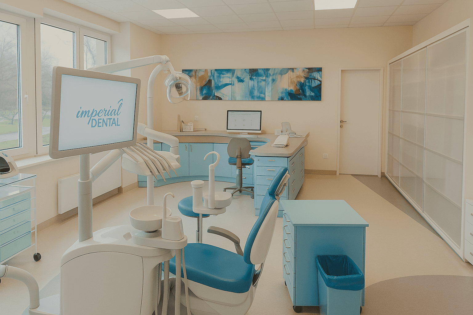  image of Imperial Dental's modern treatment room featuring blue dental equipment, a monitor with the clinic’s logo, and natural light from large windows overlooking a park.