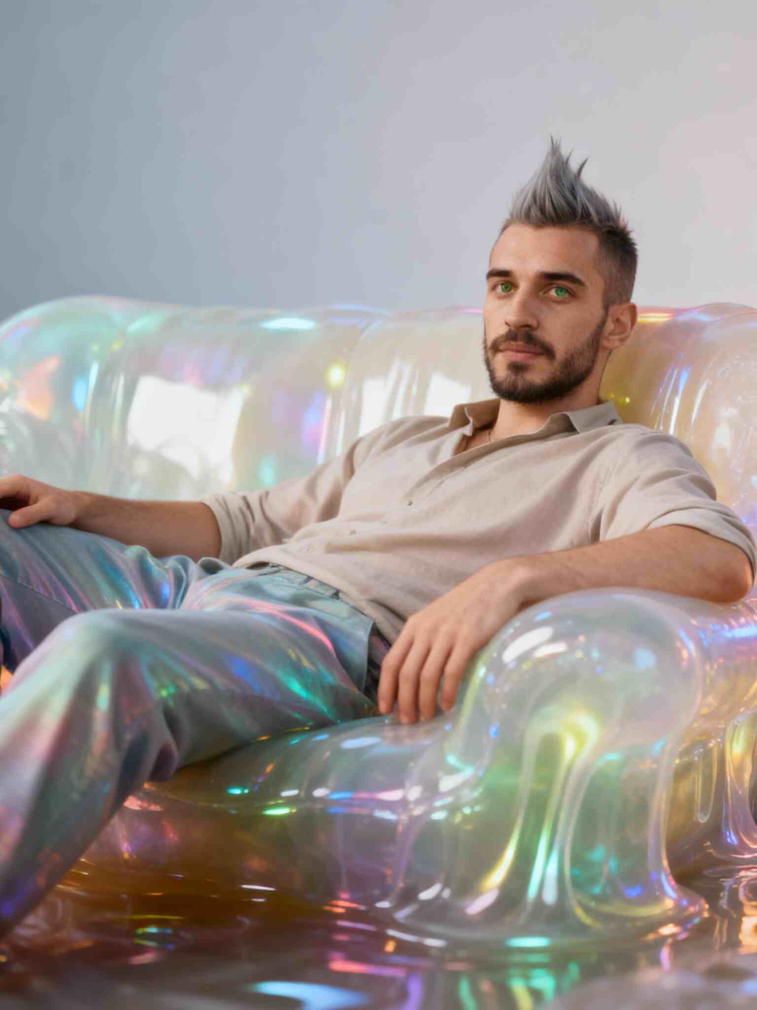 Man on jelly sofa designed by Runway AI Video Generation.