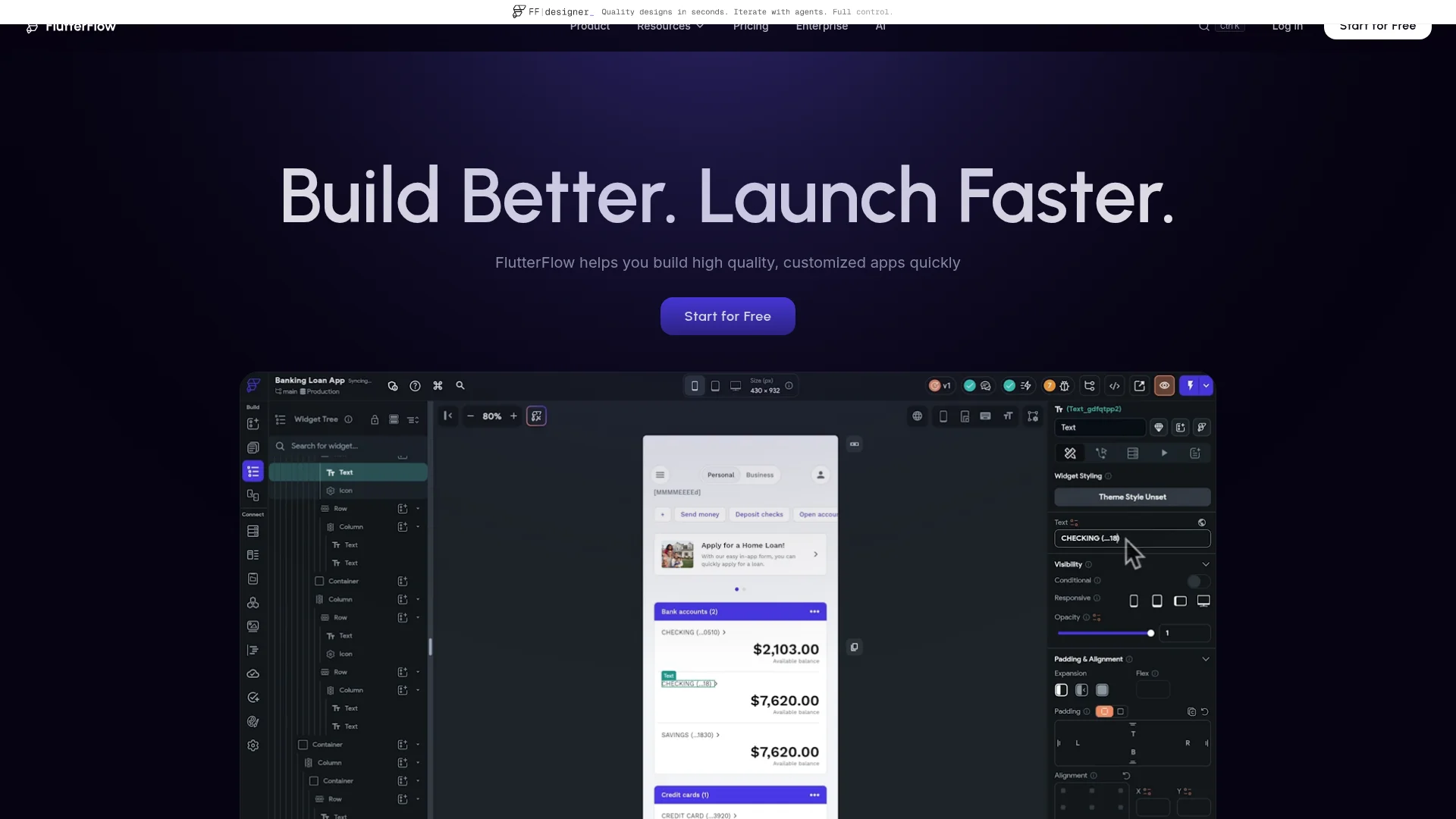 FlutterFlow homepage: visual builder that exports native Flutter code