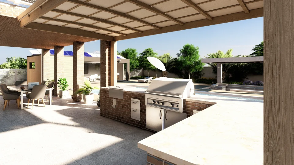 Outdoor patio with built-in BBQ station and alfresco dining setup, opening up to a lawn and distant pool under sunshine.