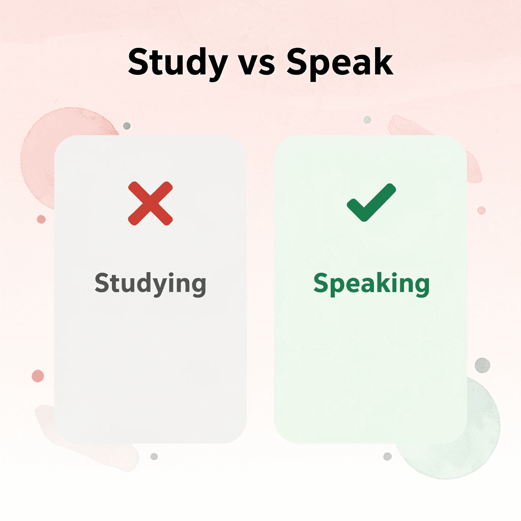 Before and after comparison showing transition from studying to speaking