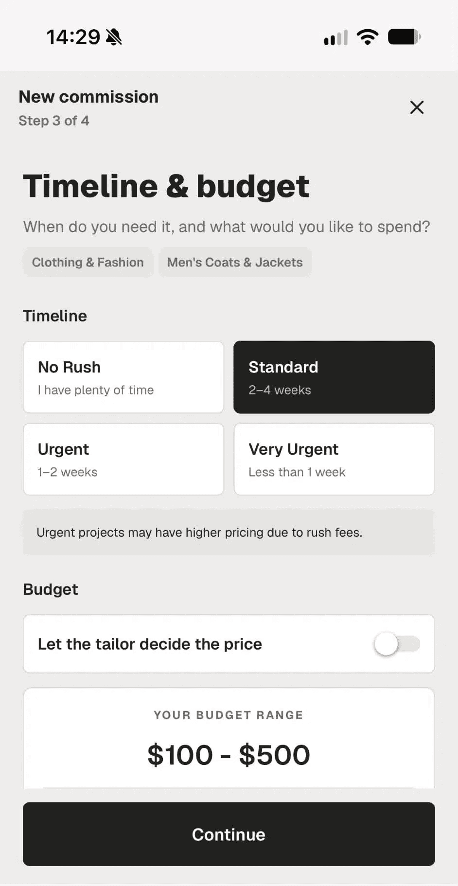 Sewi "New commission" flow, Step 3 of 4: timeline and budget screen with "Standard (2–4 weeks)" selected and a budget range of $100–$500.