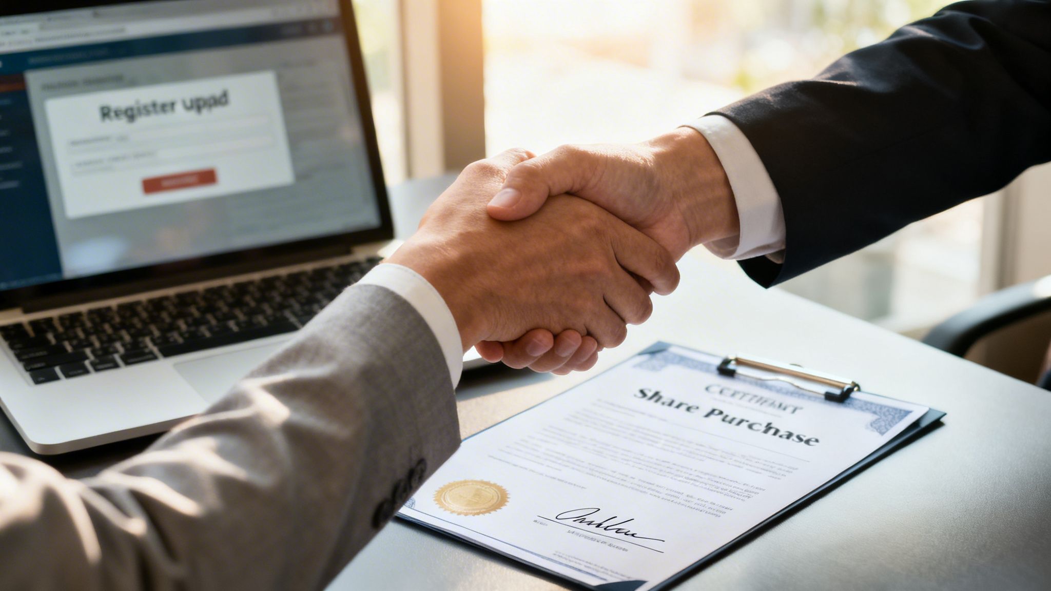 Two business people shaking hands over a desk with a laptop and a share purchase certificate.