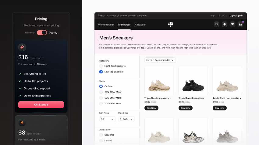 Responsive e-commerce website in Figma with online sneaker shop product grid and filters