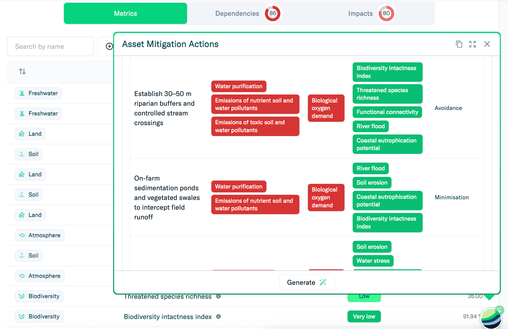 Screenshot of the refinq GaiaGuide panel showing asset mitigation actions that link concrete land and water management measures (e.g. riparian buffers, sedimentation ponds) to reduced nature-related dependencies and impacts such as water purification, biological oxygen demand, soil erosion, floods and biodiversity loss.