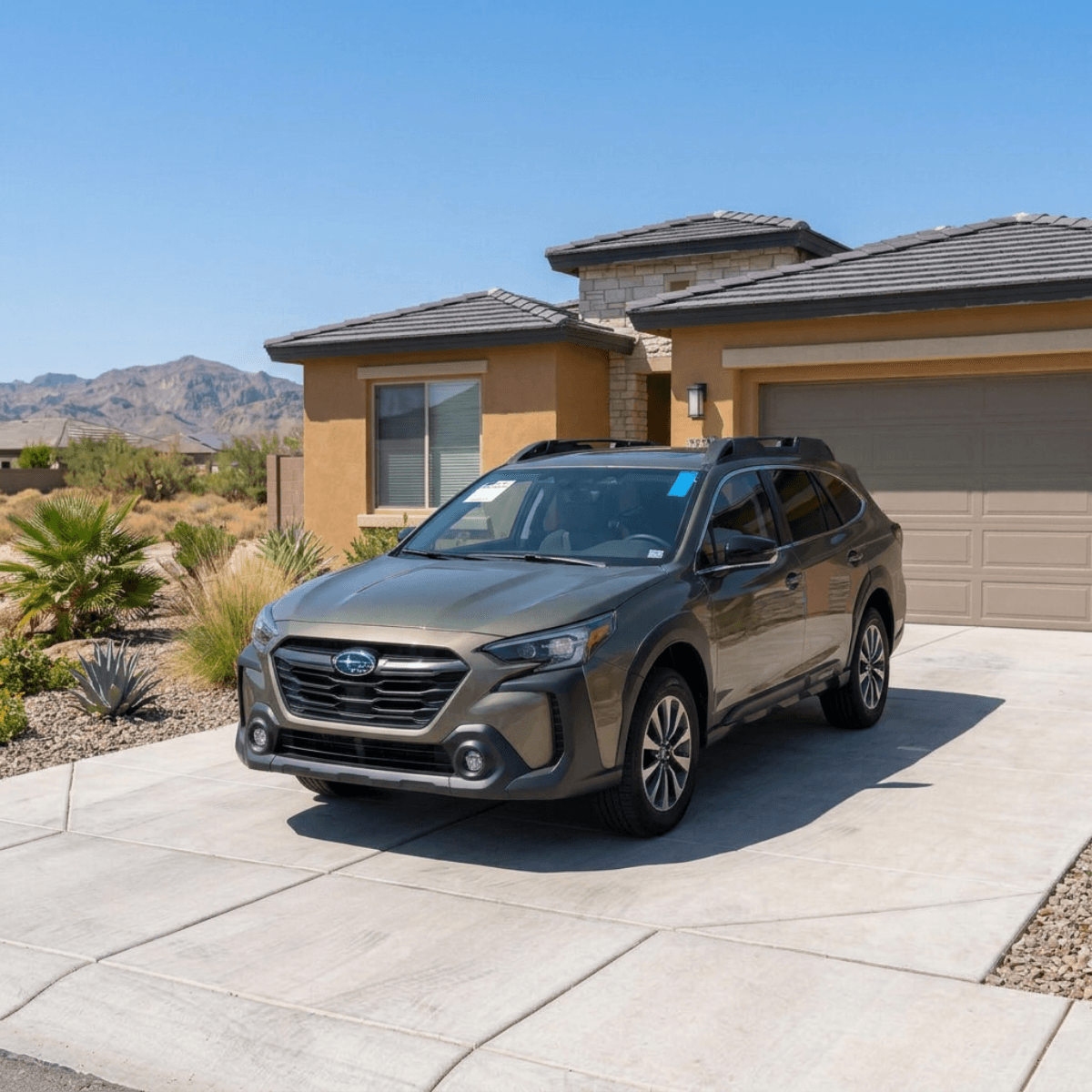 Dark olive Volvo XC90 with a smooth new windshield sitting outside a Holbrook, AZ desert home