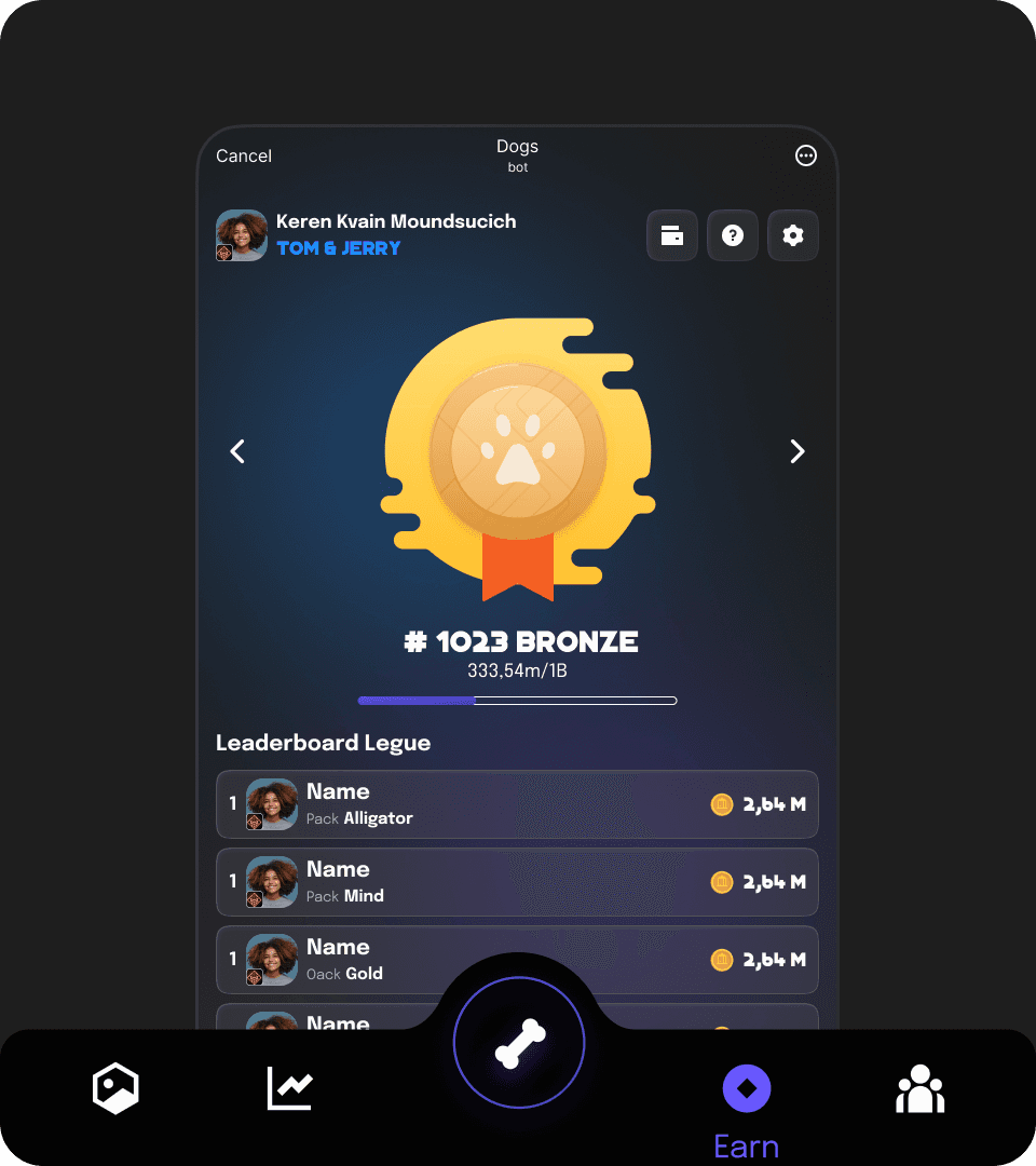 Leaderboard screen showing top DogiDog players with scores and rewards.
