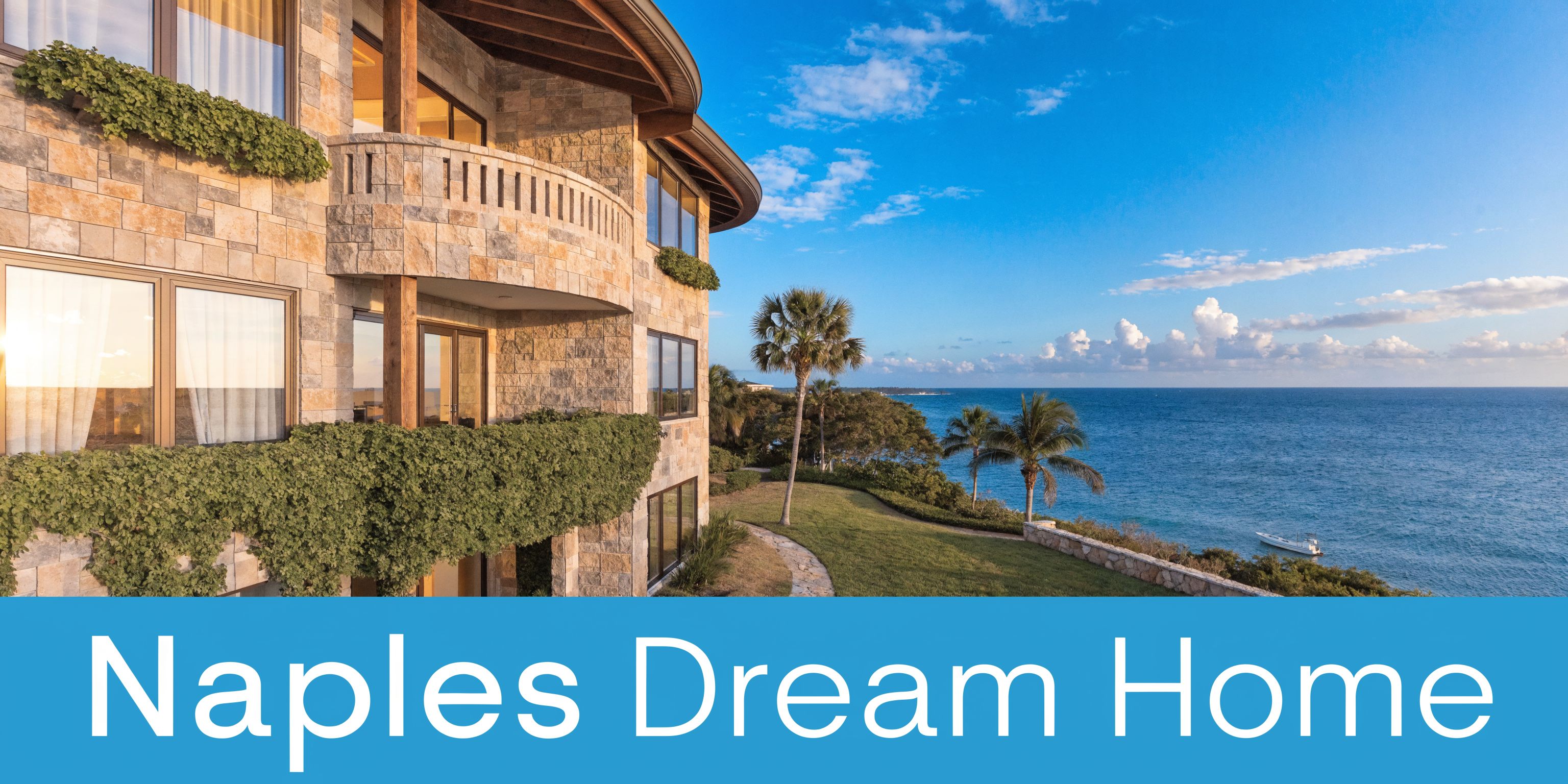 A luxurious stone mansion overlooking the ocean in Naples, featuring lush greenery and a scenic coastline.