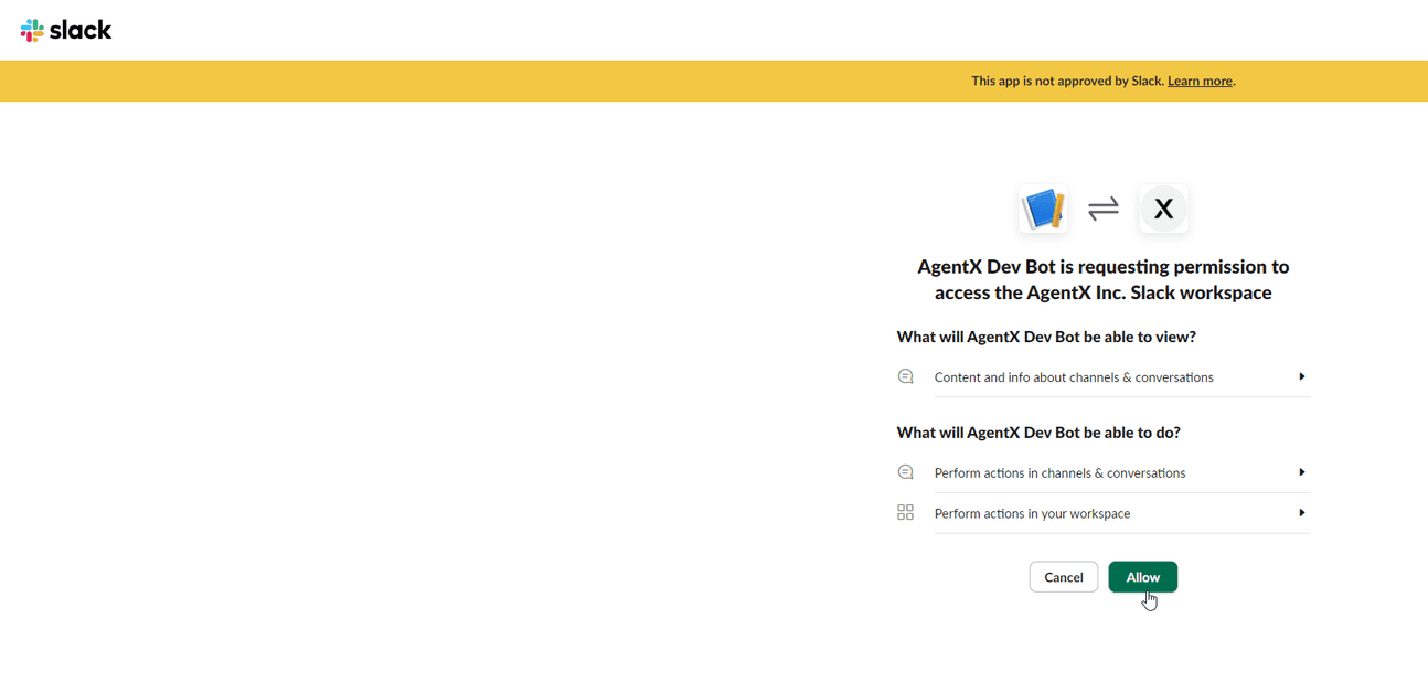 integrating AI agent chatbot with slack by giving permission to creating slack app