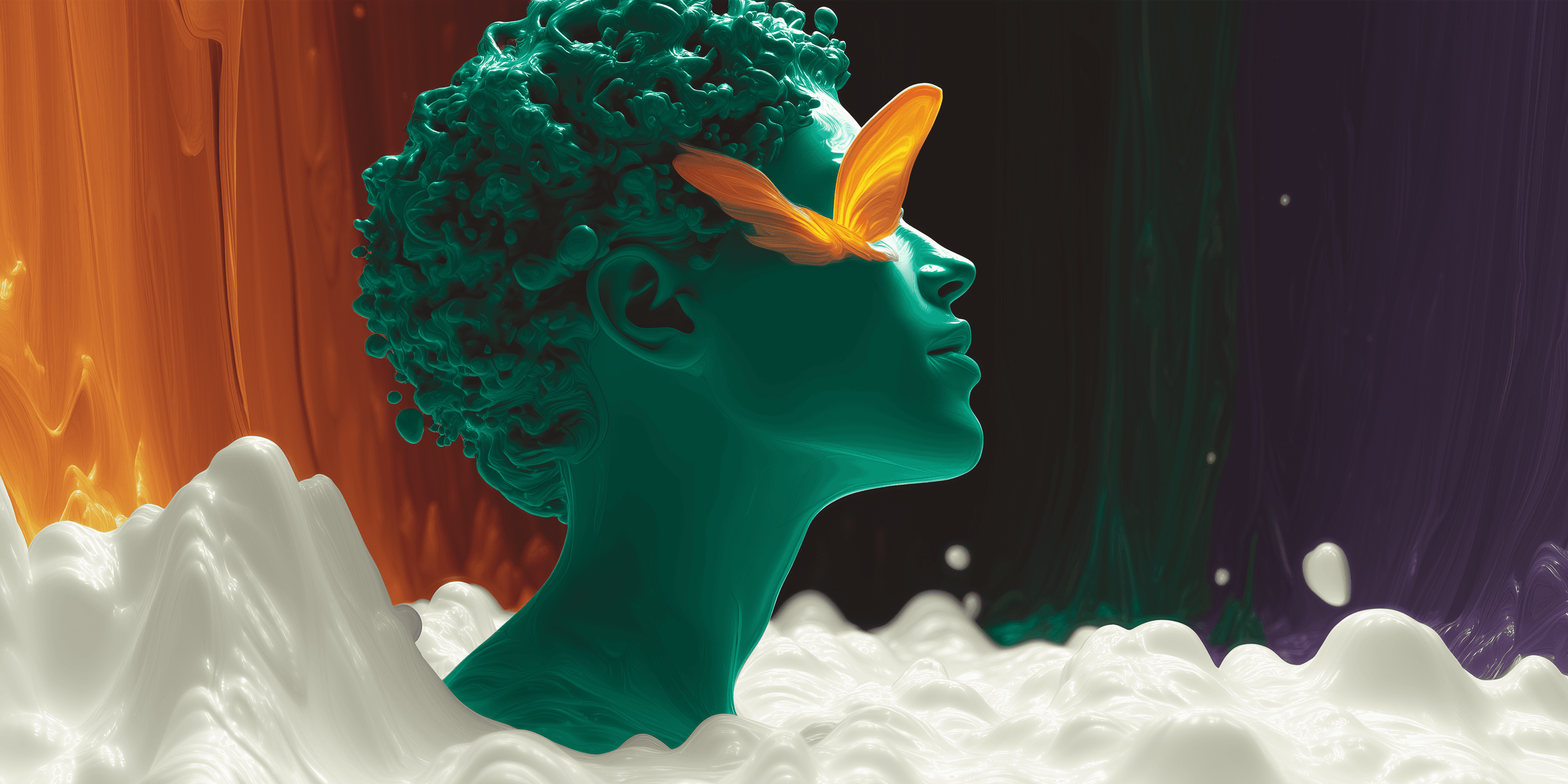 Teal bust with butterfly wings in a surreal setting.